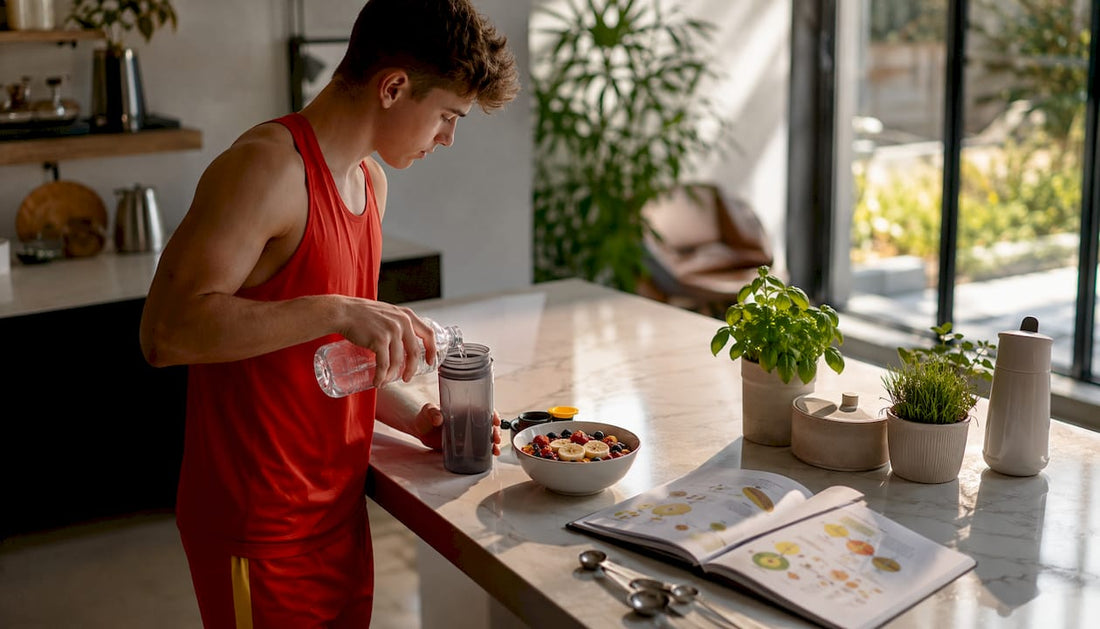 Teen athlete preparing balanced meal at kitchen table