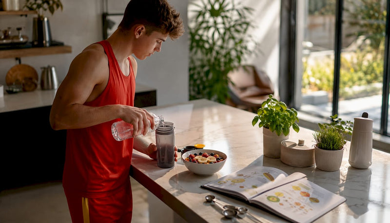 Teen athlete preparing balanced meal at kitchen table