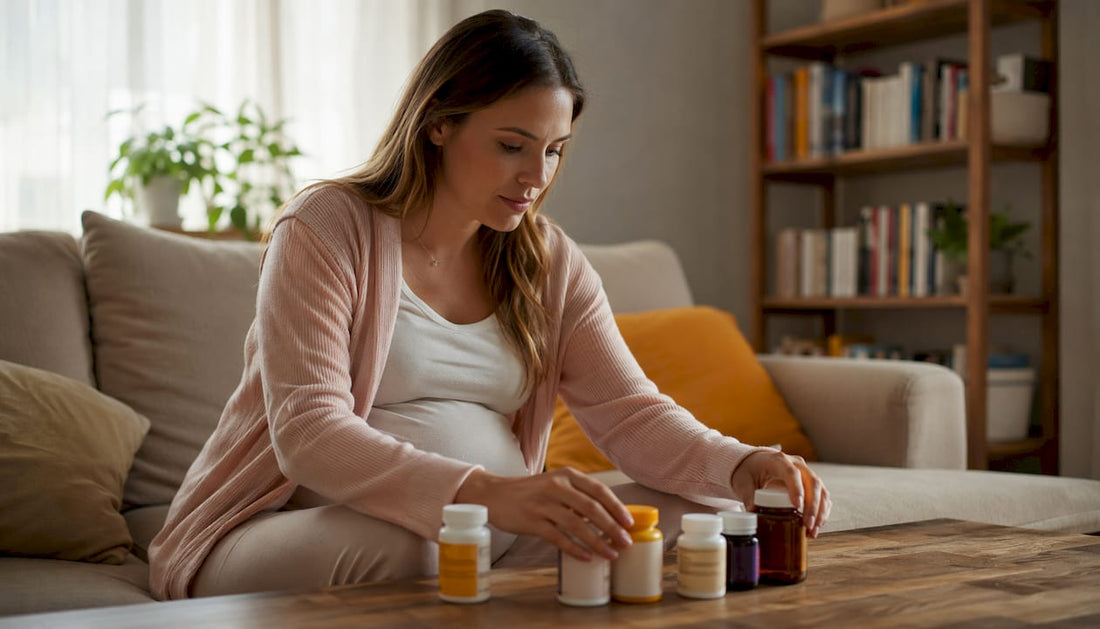 Pregnant woman preparing prenatal vitamins at table