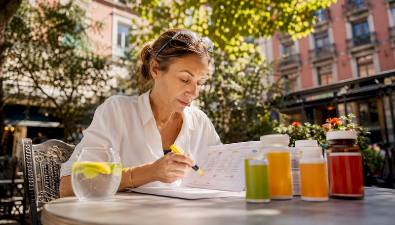 Nutritionist reviewing vitamin supplements at desk