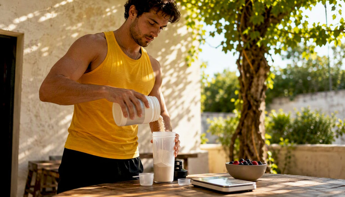 Athlete preparing workout supplement shake