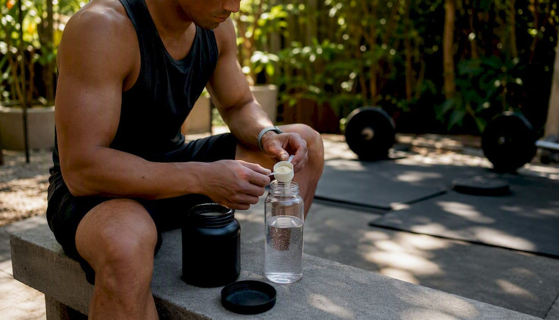 Hand stirring amino acid powder into water bottle