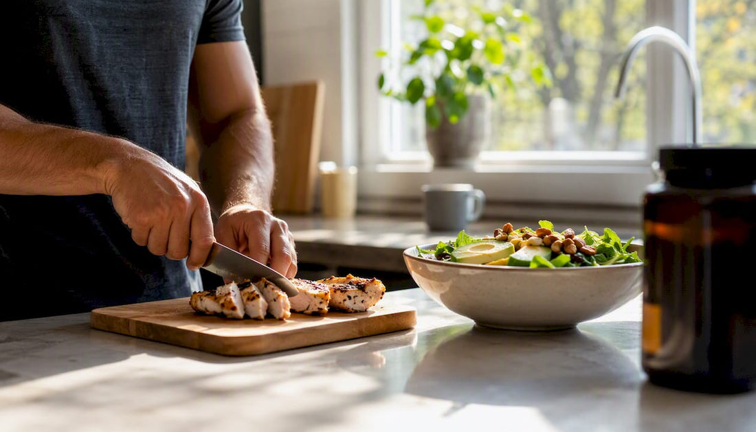Person preparing healthy protein-rich meal with supplement bottle