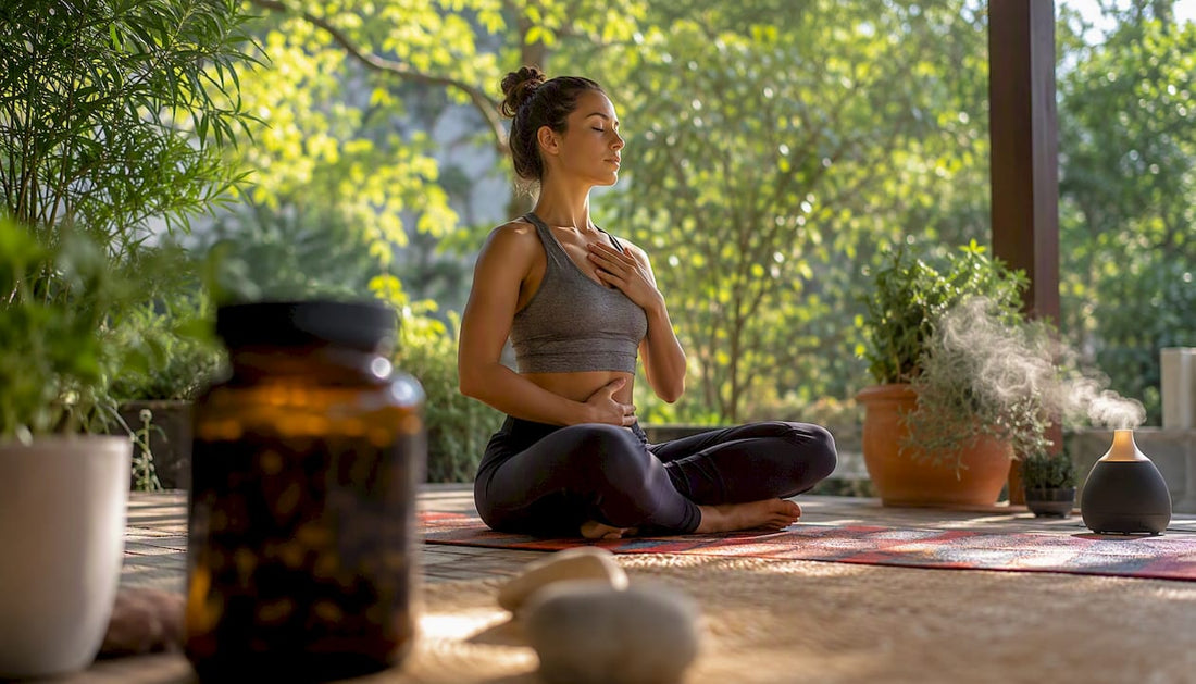Person practicing breathing with herbal supplements nearby