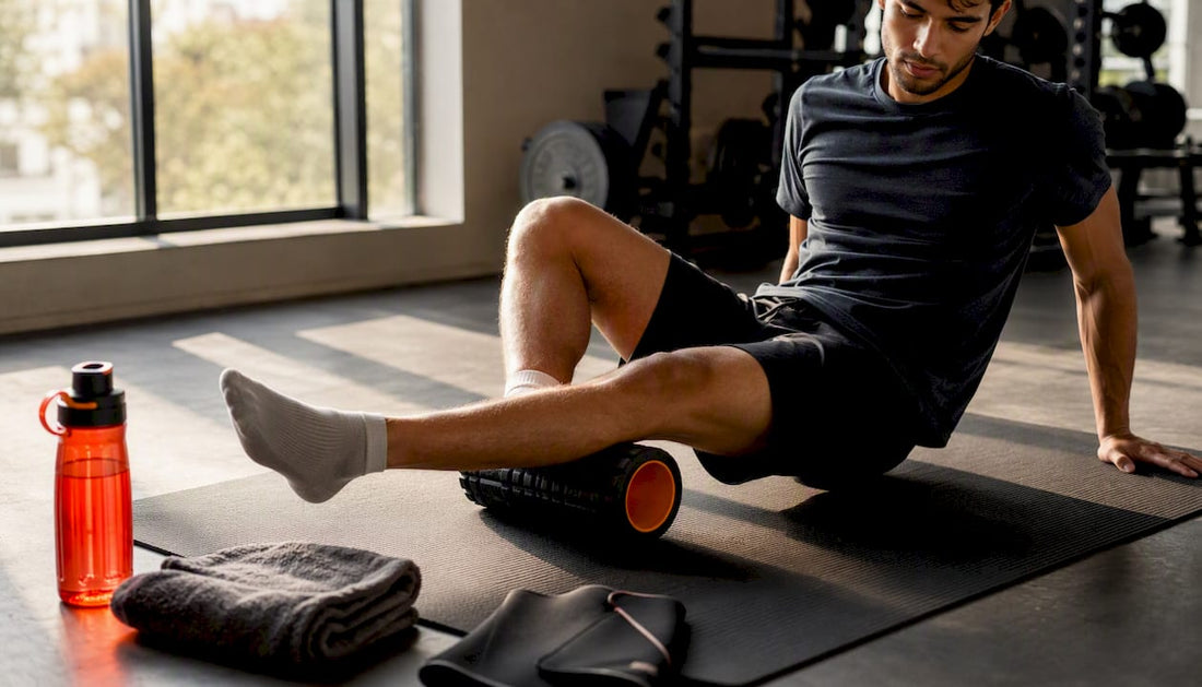 Athlete foam rolling calf post workout