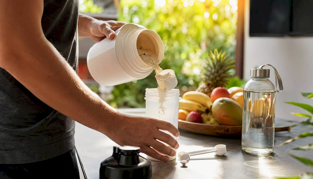 Hands pouring meal replacement powder into shaker