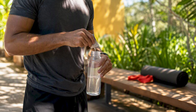 Athlete preparing carbohydrate drink in gym