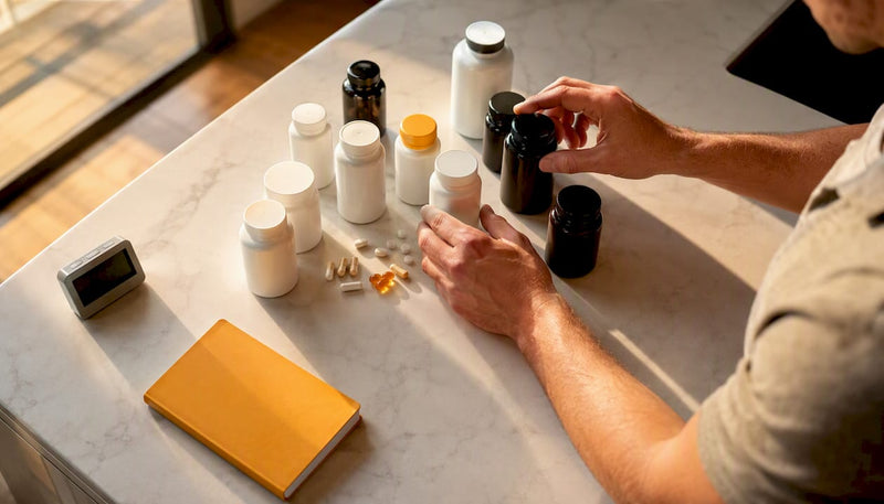 Hands organizing supplement bottles on counter