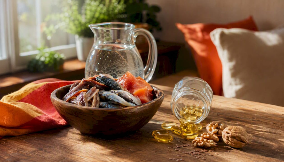 Fatty fish with omega-3 capsules on wooden table