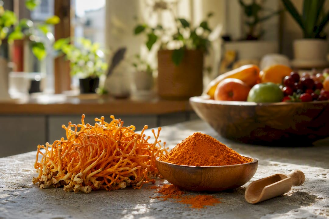 Fresh cordyceps mushrooms and powder on wood