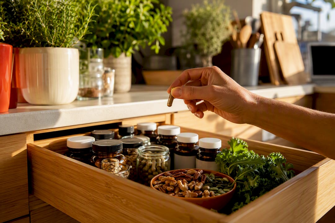 Supplements and plant foods on kitchen counter