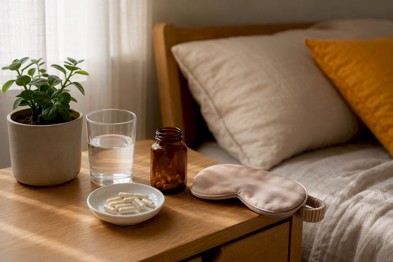 Magnesium capsules on nightstand for sleep support