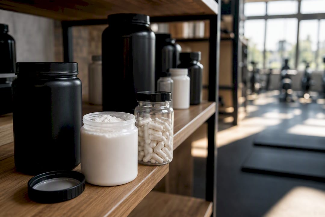 Creatine powder and caffeine capsules on gym bench
