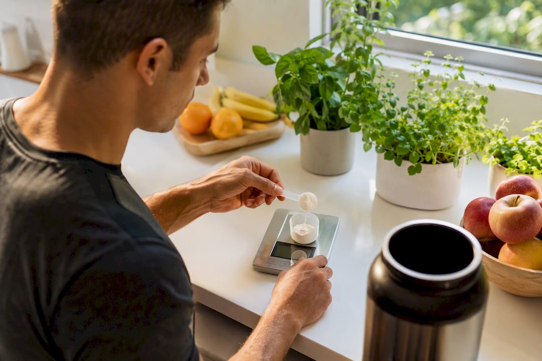 Hands measuring beta-alanine powder on digital scale