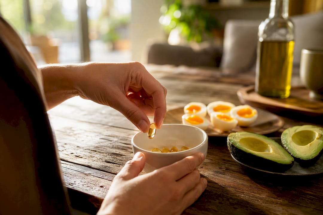 Hands picking vitamin D3 K2 softgel with avocado and egg