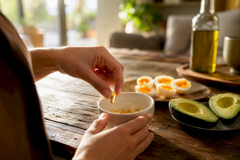 Hands picking vitamin D3 K2 softgel with avocado and egg