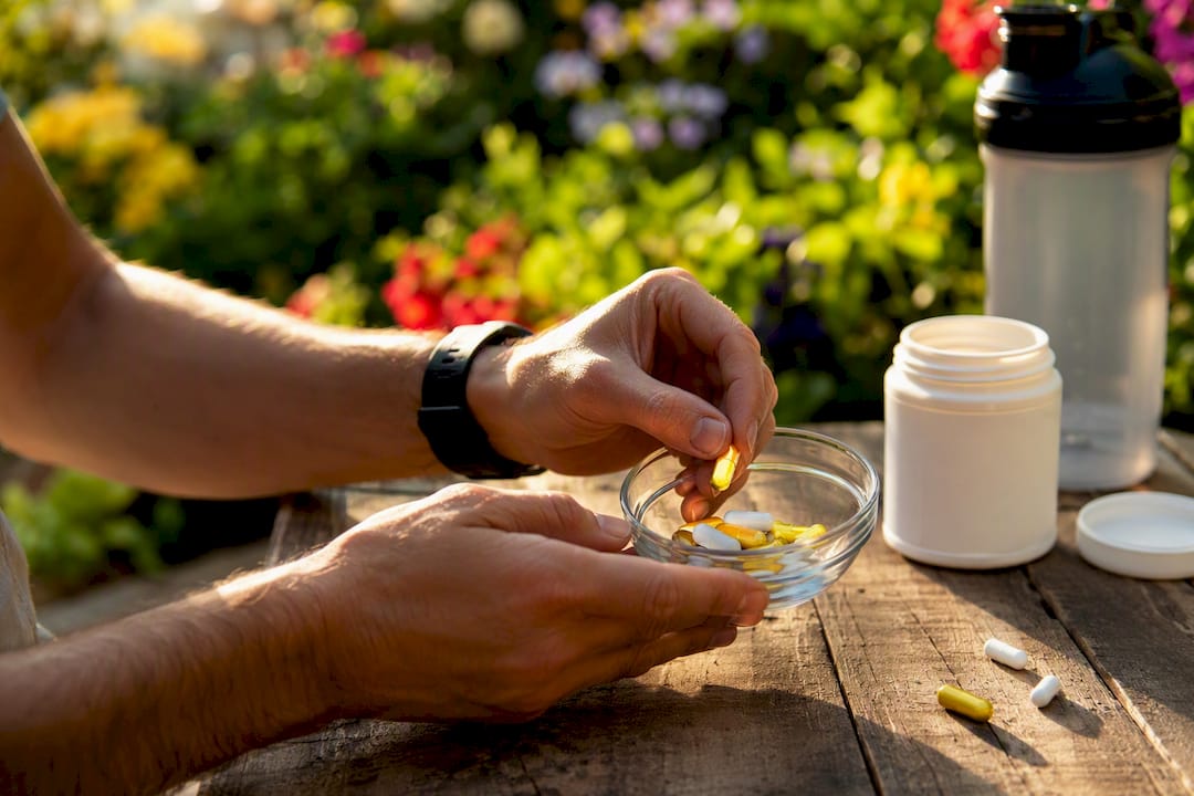 Hands measuring caffeine and theanine capsules