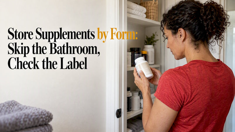 Woman checking a supplement bottle in a closet