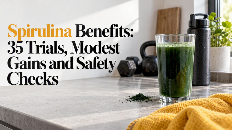 Green spirulina drink on a fitness counter