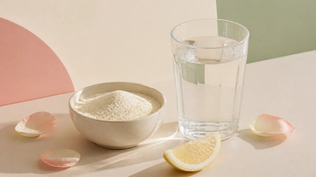 A ceramic bowl of collagen peptide powder beside a glass of water on a soft ivory, blush, and sage background
