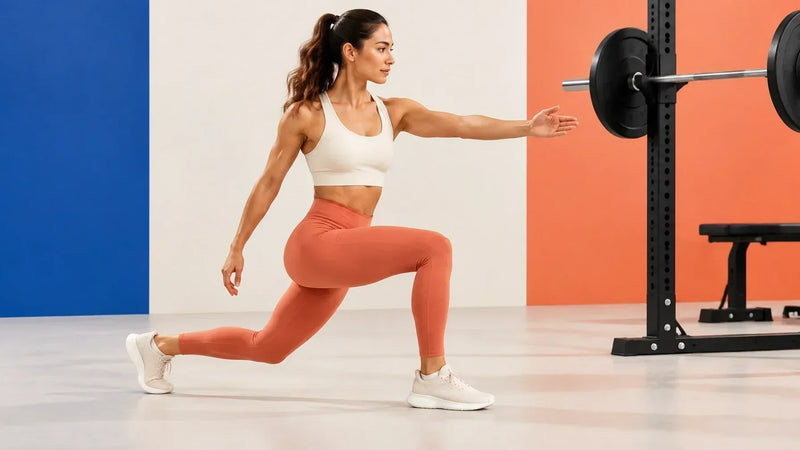 Athletic adult performing a controlled walking lunge with a reach beside a barbell rack before a workout