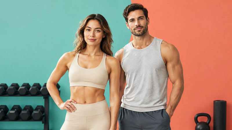 Adult lifters representing body recomposition through strength training and balanced nutrition