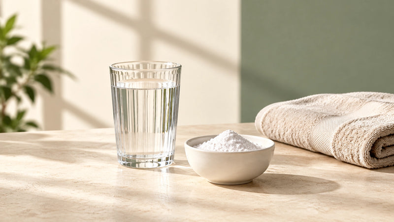 A bowl of creatine monohydrate and a glass of water on a clean, softly lit surface