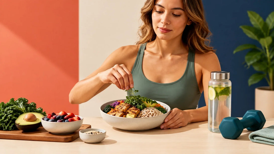 Fit athlete preparing a balanced meal beside a dumbbell for sustainable muscle growth