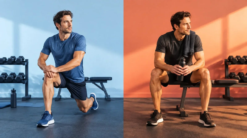 The same athlete represented in a cool morning gym setting and a warm late-afternoon training setting