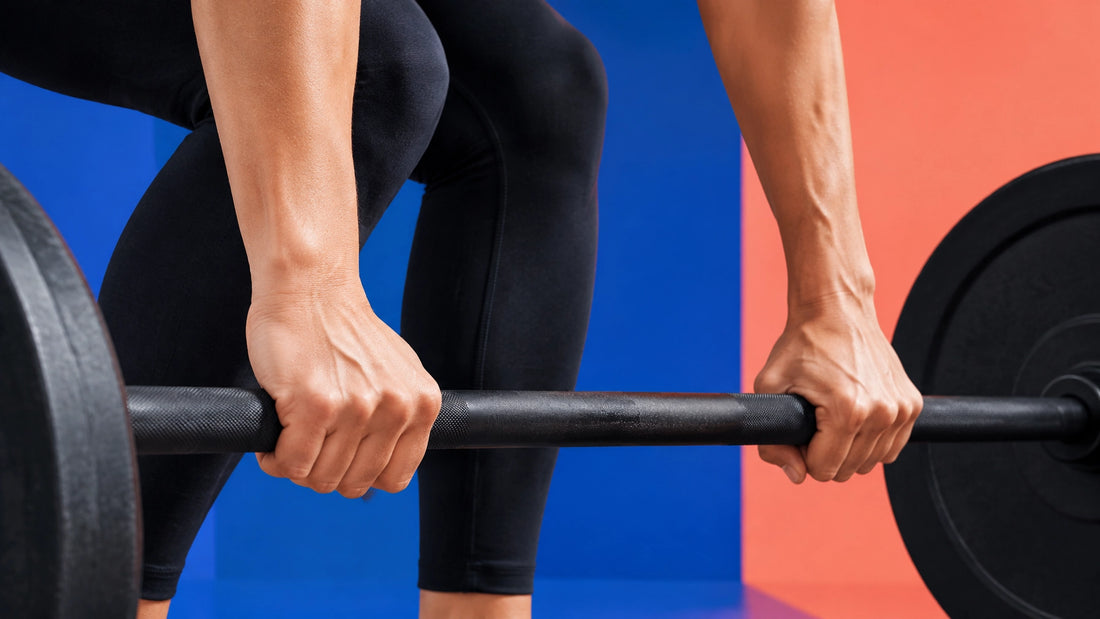Close-up of an athlete gripping a barbell in a bright modern gym