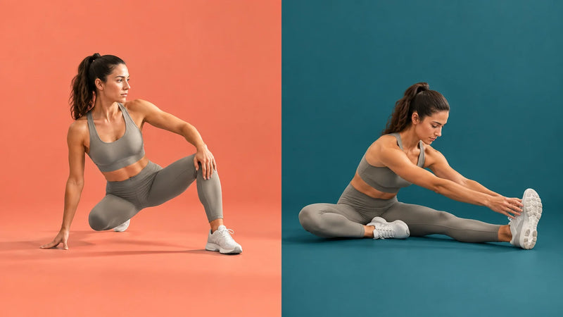 Athlete demonstrating dynamic mobility and gentle static stretching in a bright studio