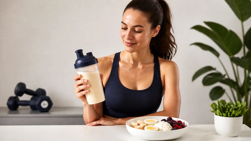 Athletic adult in a bright home gym with a shaker, whole-food protein sources, and subtle dumbbells