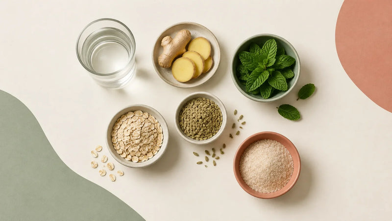 Ginger, peppermint, fennel, oats and psyllium arranged as natural digestive health ingredients