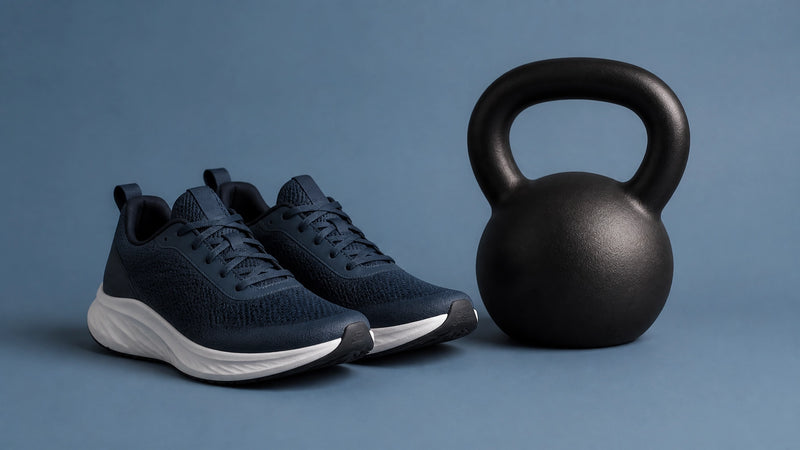 A clean, minimalistic shot of running shoes next to a matte black kettlebell on a soft grey-blue background