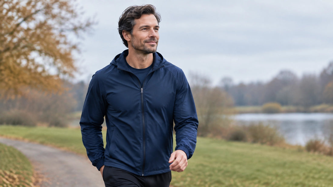 Person walking outdoors in a UK park on a crisp winter morning