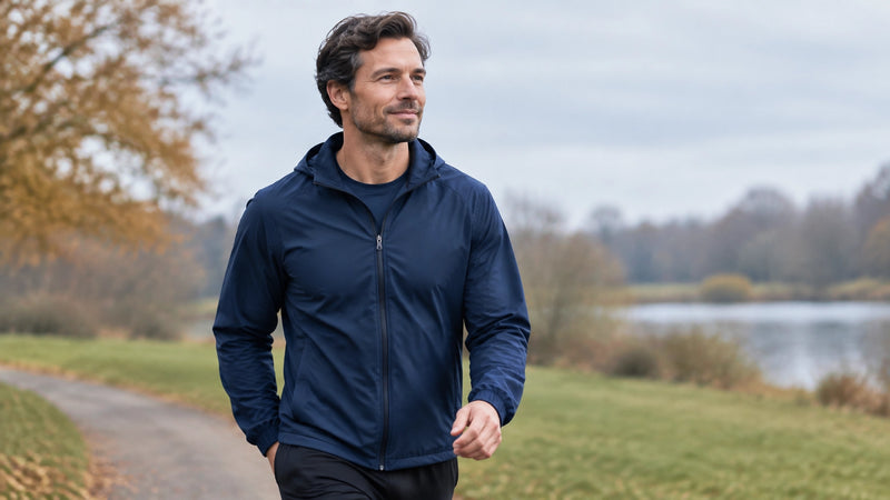 Person walking outdoors in a UK park on a crisp winter morning