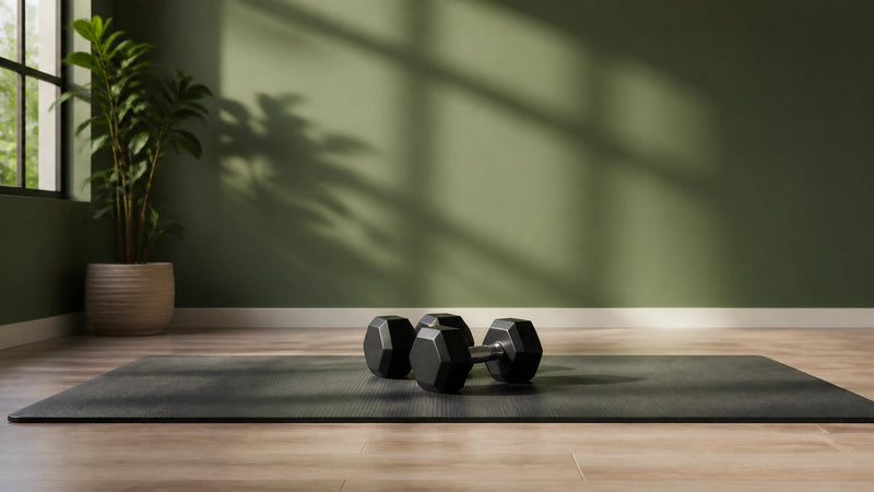 A clean, sunlit home fitness space with a pair of dumbbells on a yoga mat, representing the foundation of a healthy metabolis