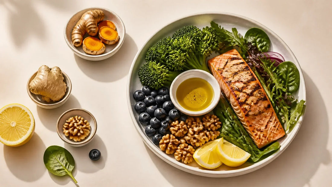 Mediterranean-style anti-inflammatory meal with salmon, leafy greens, berries, walnuts, olive oil, turmeric and ginger