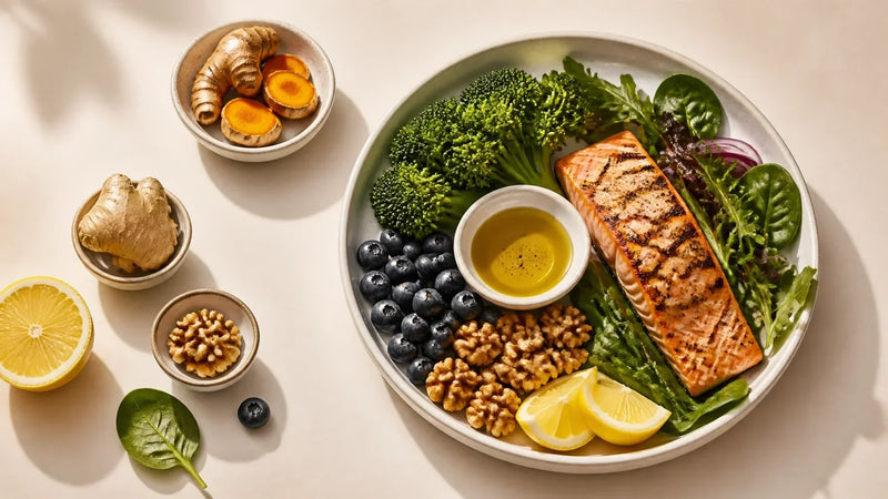Mediterranean-style anti-inflammatory meal with salmon, leafy greens, berries, walnuts, olive oil, turmeric and ginger