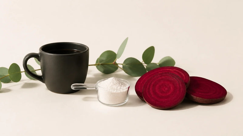Coffee, creatine monohydrate powder, and beetroot slices arranged on a clean wellness background