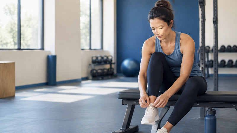 A tired but composed athlete sits on a gym bench and ties their trainers before an easy workout