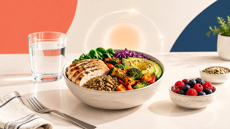 A colourful high-protein and high-fibre meal in a bright modern kitchen