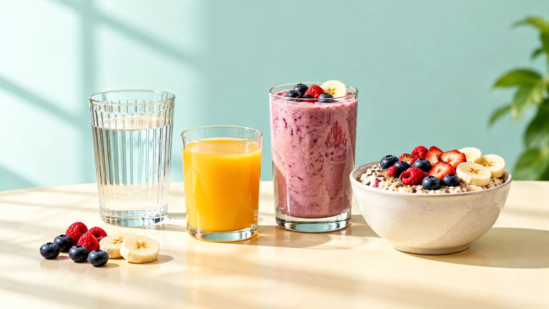 Water, orange juice, a berry-banana smoothie and overnight oats arranged as simple creatine mixing options