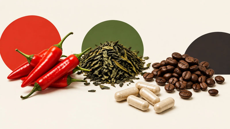 Fresh chilli peppers, green tea leaves, coffee beans and neutral capsules arranged on a clean studio background