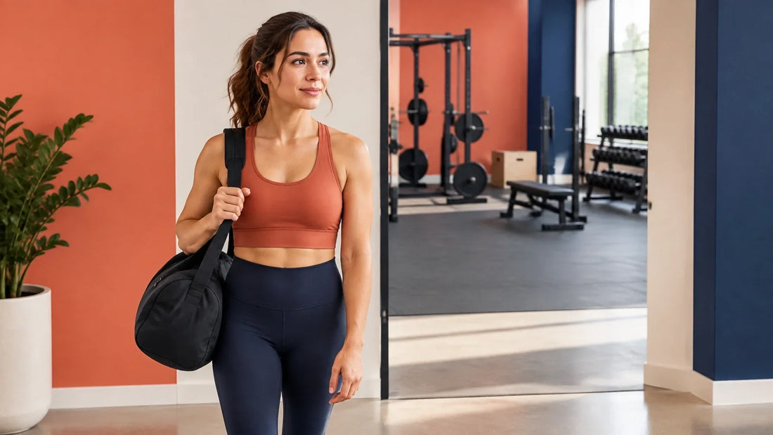 A nervous but determined beginner standing at the entrance of a bright, welcoming gym