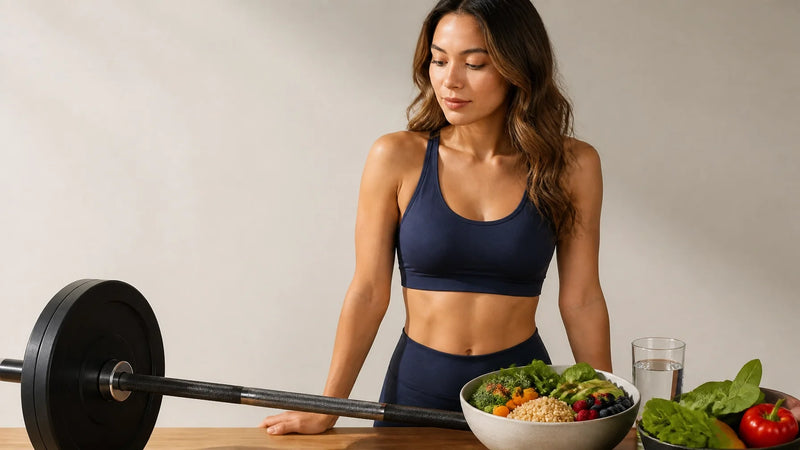 Fit adult beside a barbell and colourful whole foods, representing fat loss with muscle preservation