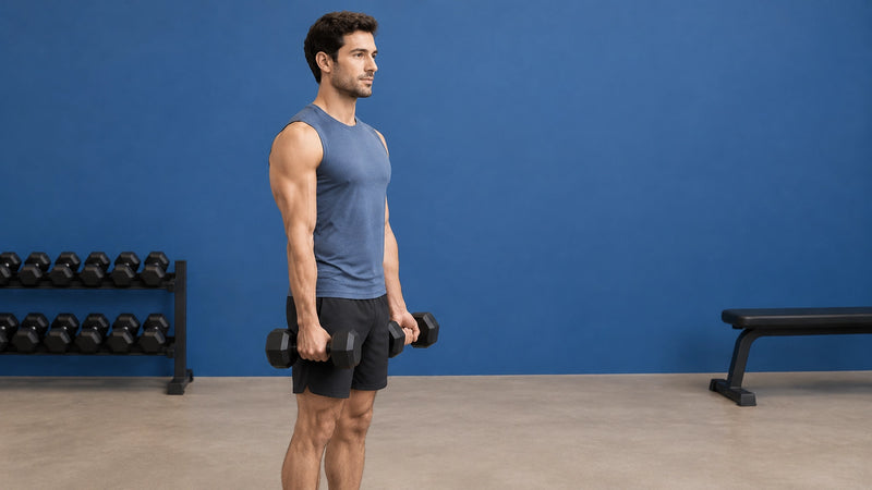 Athlete performing a controlled dumbbell curl in the lengthened position in a clean, modern gym