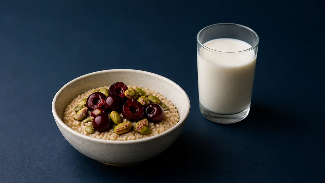 A calm evening meal of oats, tart cherries, pistachios and pumpkin seeds prepared to support restful sleep