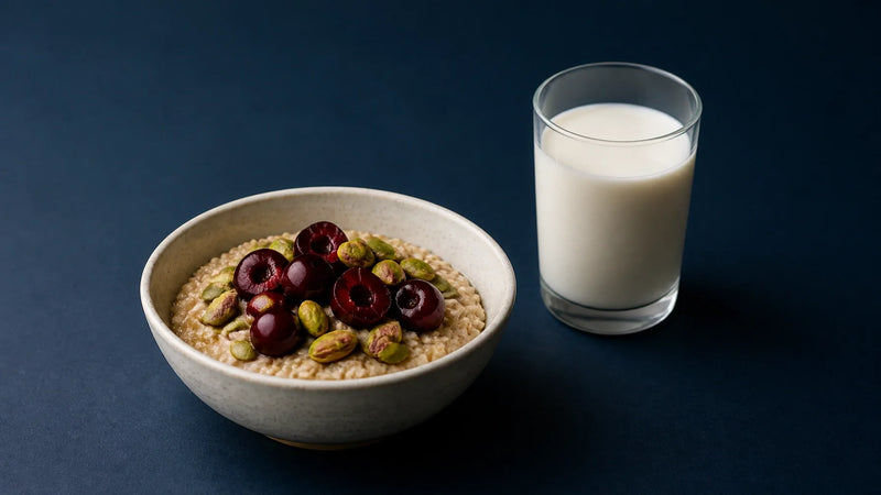 A calm evening meal of oats, tart cherries, pistachios and pumpkin seeds prepared to support restful sleep