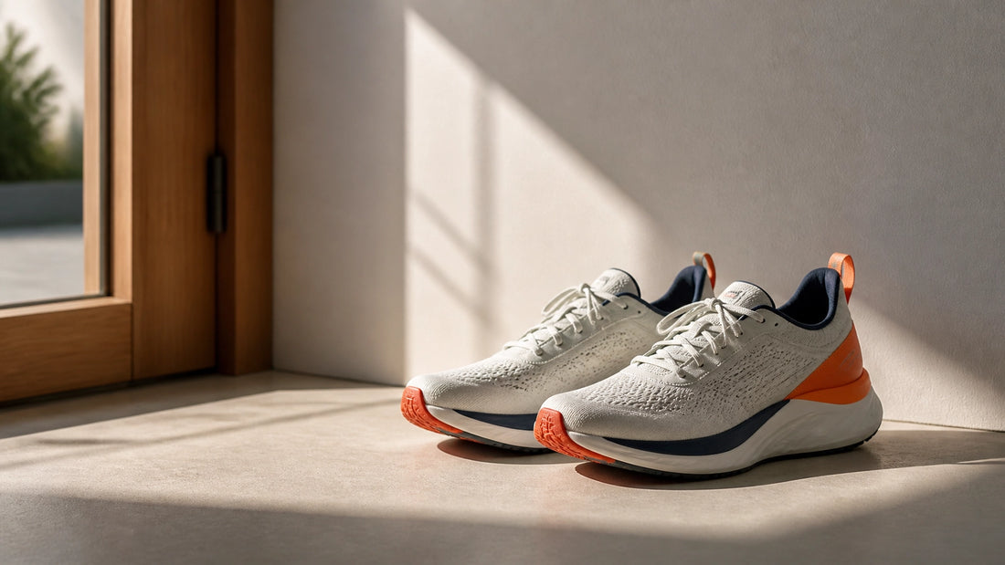 A pair of high-quality running shoes placed neatly by a wooden doorway in soft morning sunlight